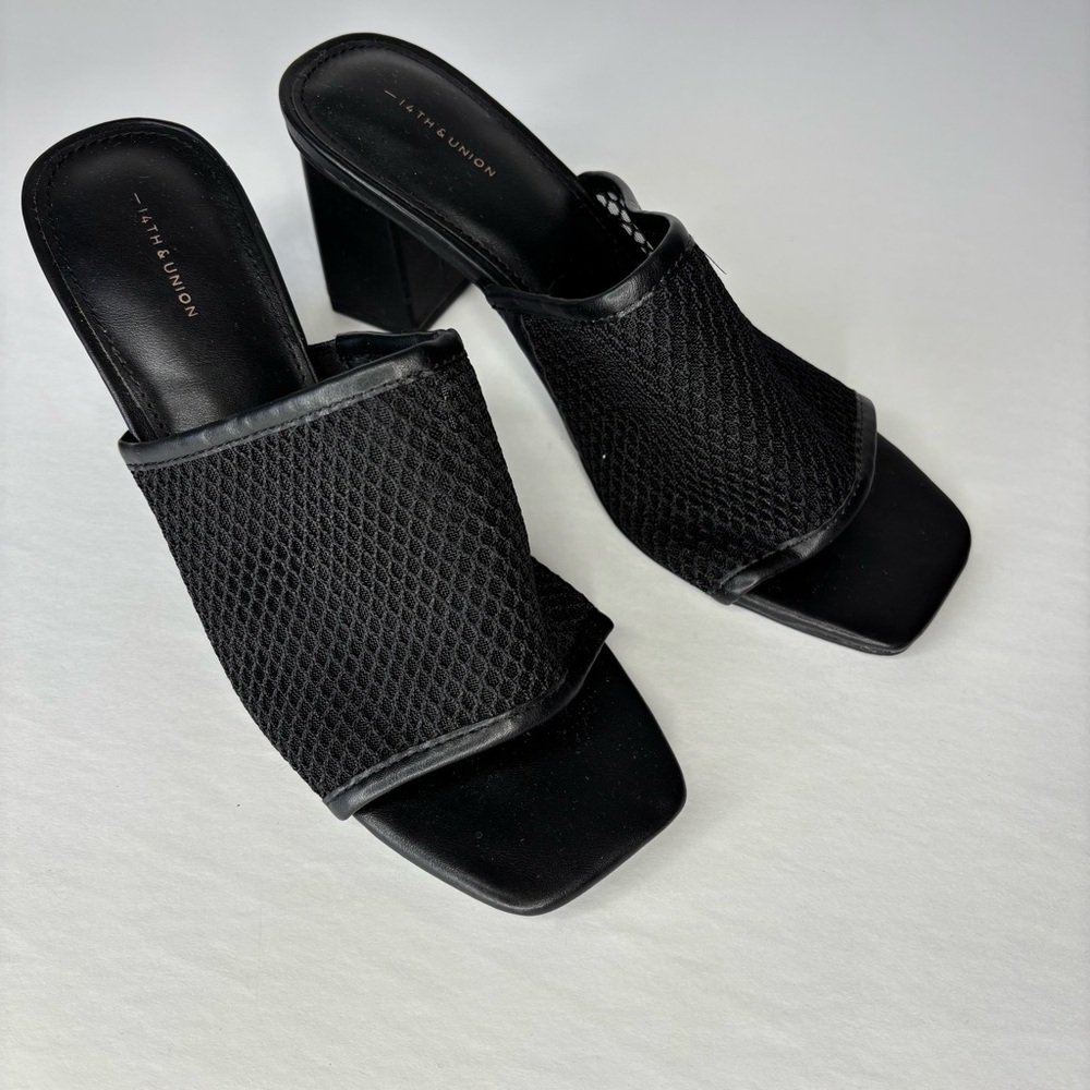 SH3 14th & Union Black Mesh High Heels Sandals Square Toe Women's 7M